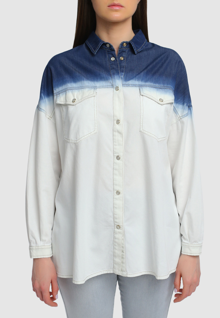 Marina Rinaldi Ombre Tie Dye Long Sleeve Snap Button Shirt Blue White Womens 16